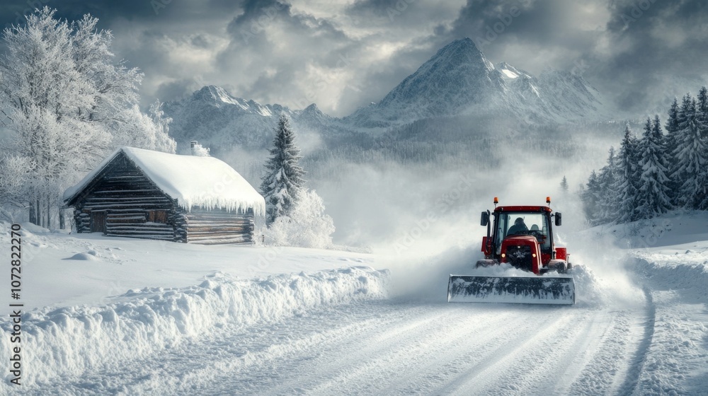 Snowplow Clearing a Snowy Road in a Mountainous Landscape Snowplow Clearing a Snowy Road in a Mountainous Landscape