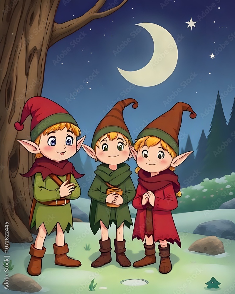 Naklejka premium illustration de petits lutin à l'extérieur en plein hiver dans la neige 