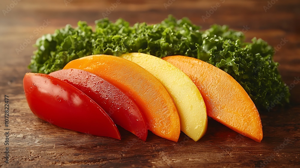 Fresh vegetable and fruit slices arranged on a wooden surface, showcasing vibrant colors and textures, perfect for healthy meals or food styling. Fresh vegetable and fruit slices arranged on a wooden surface, showcasing vibrant colors and textures, perfect for healthy meals or food styling.