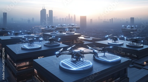 A fleet of autonomous electric delivery drones flying over a modern cityscape, powered by solar-charging pads on rooftops.  photo