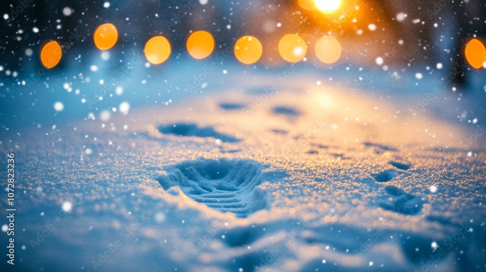 A Single Footprint in Fresh Snow Under Golden Bokeh Lights A Single Footprint in Fresh Snow Under Golden Bokeh Lights