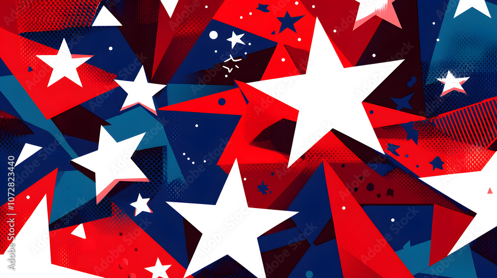 Abstract red and blue geometric shapes with white star motifs and artistic design. Abstract red and blue geometric shapes with white star motifs and artistic design.