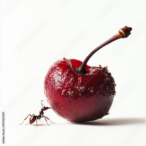 Ant with a Cherry on a White Background