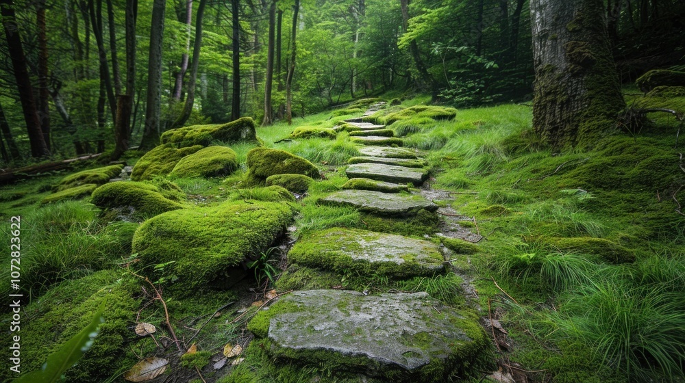 Fototapeta premium Stone Pathway Embraced by Moss Leads Into the Forest