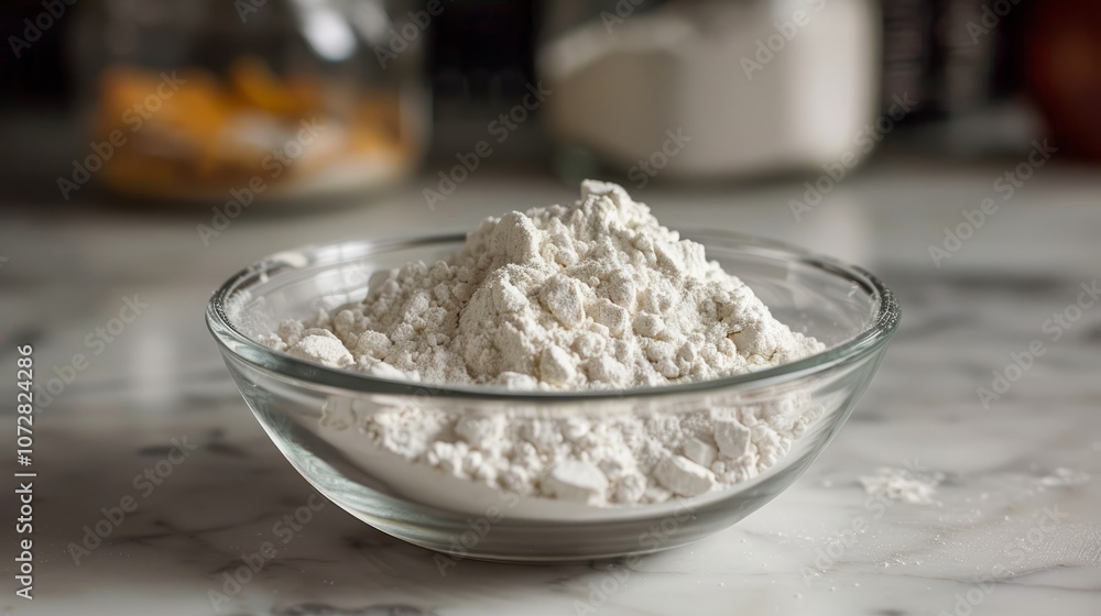 A close-up shot of a glass bowl filled with white flour, sitting on a marble counter top, ready to be used in baking. A close-up shot of a glass bowl filled with white flour, sitting on a marble counter top, ready to be used in baking.