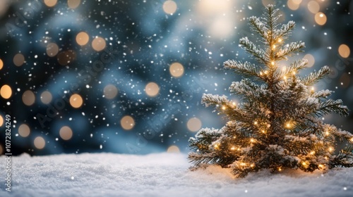 Snowy Christmas Tree with Fairy Lights and Bokeh Background