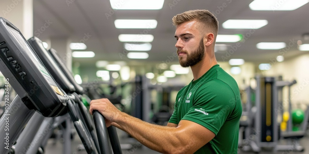 A focused man in a green shirt exercises on a machine in a well-lit gym, demonstrating fitness and concentration. A focused man in a green shirt exercises on a machine in a well-lit gym, demonstrating fitness and concentration.