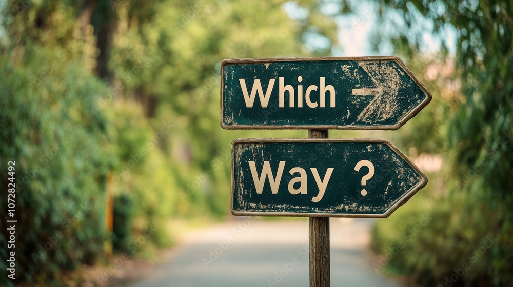 A fork in the road with signs pointing left and right, text A fork in the road with signs pointing left and right, text