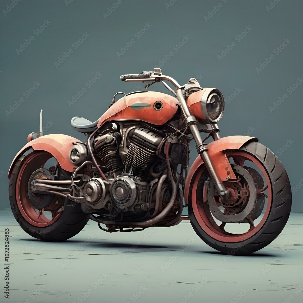 Edgy Innovation: A 3D Futuristic Motorcycle in Orange with Chrome Details and Large Black Tires Against a Blue-Grey Gradient Edgy Innovation: A 3D Futuristic Motorcycle in Orange with Chrome Details and Large Black Tires Against a Blue-Grey Gradient
