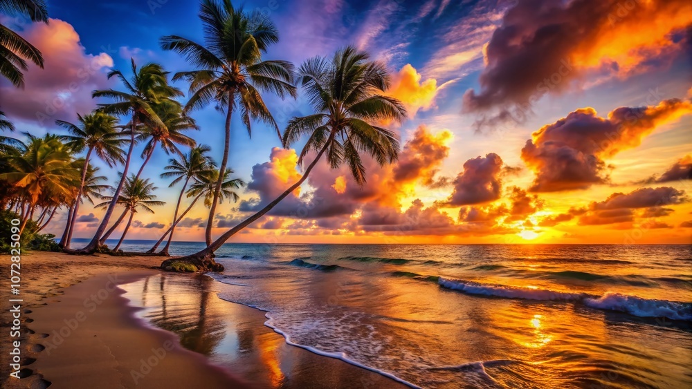 Serene Sunset at a Tropical Beach with Palm Trees - A Panoramic View of the Ocean and Sky Blending in Vibrant Colors, Capturing the Beauty of Nature's Evening Light Serene Sunset at a Tropical Beach with Palm Trees - A Panoramic View of the Ocean and Sky Blending in Vibrant Colors, Capturing the Beauty of Nature's Evening Light