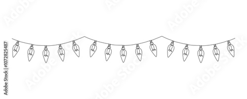 One continuous line drawing of Christmas garland with light bulbs. Festive festoon xmas string and divider border in simple linear style. Editable stroke. Doodle vector illustration eps 10