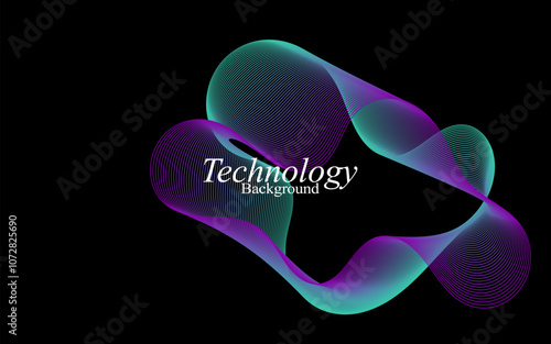 An abstract, technology-themed background featuring a dynamic, curved form created with intersecting lines in a gradient color palette of green and purple.