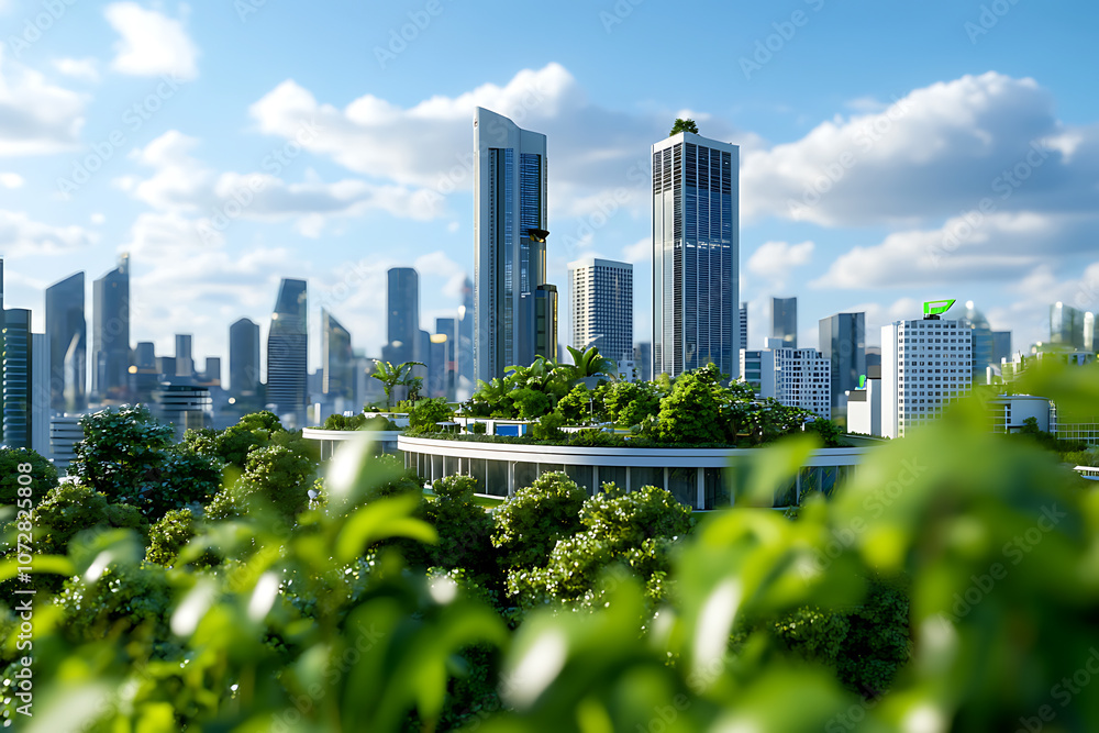 Innovative urban skyline showcases sustainable architecture and transportation technology Innovative urban skyline showcases sustainable architecture and transportation technology