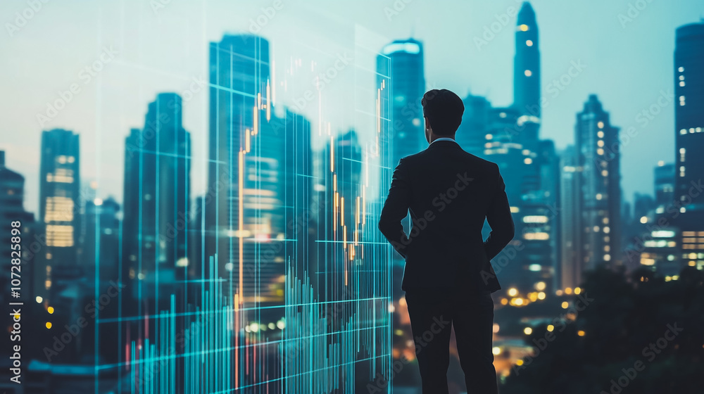 Abstract business man stands on the peak of success amid tall, innovative Smart city and graphs with statistics to analyze business potential and predict future developments in company growth.
Abstract business man stands on the peak of success amid tall, innovative Smart city and graphs with statistics to analyze business potential and predict future developments in company growth.