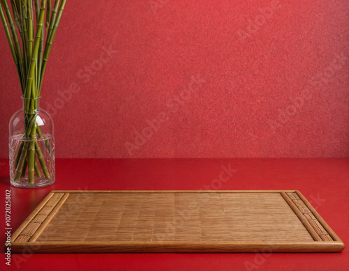 Empty wooden table with bamboo place mat over red background. Chinese New Year mock up for design and product display. photo