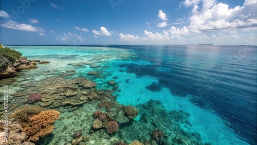 Deep turquoise water with vibrant coral reef structures on the seabed, fading into a blue horizon, ocean scene, blue waters, marine world, sea grass, underwater exploration