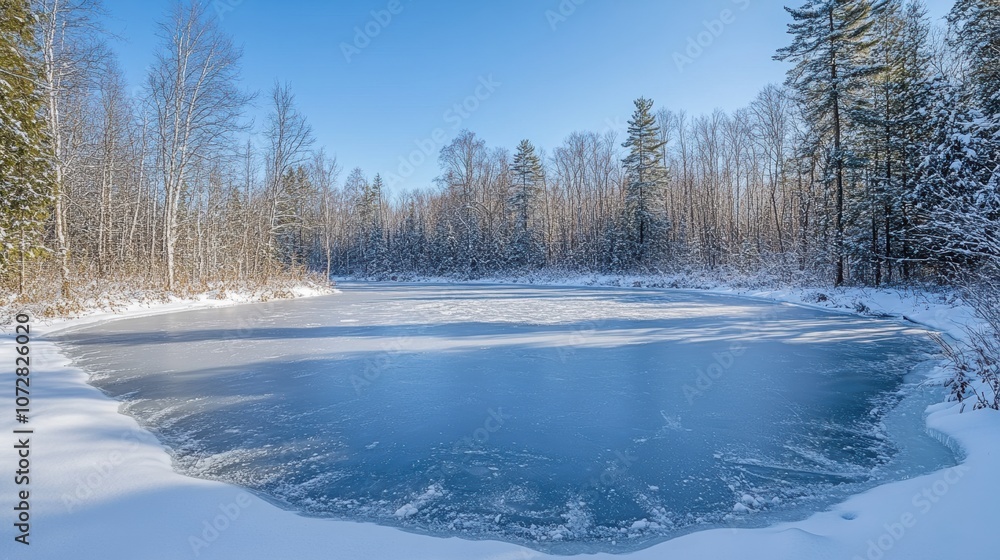Obraz premium Winter landscape featuring a frozen lake surrounded by snowy trees, style landscape