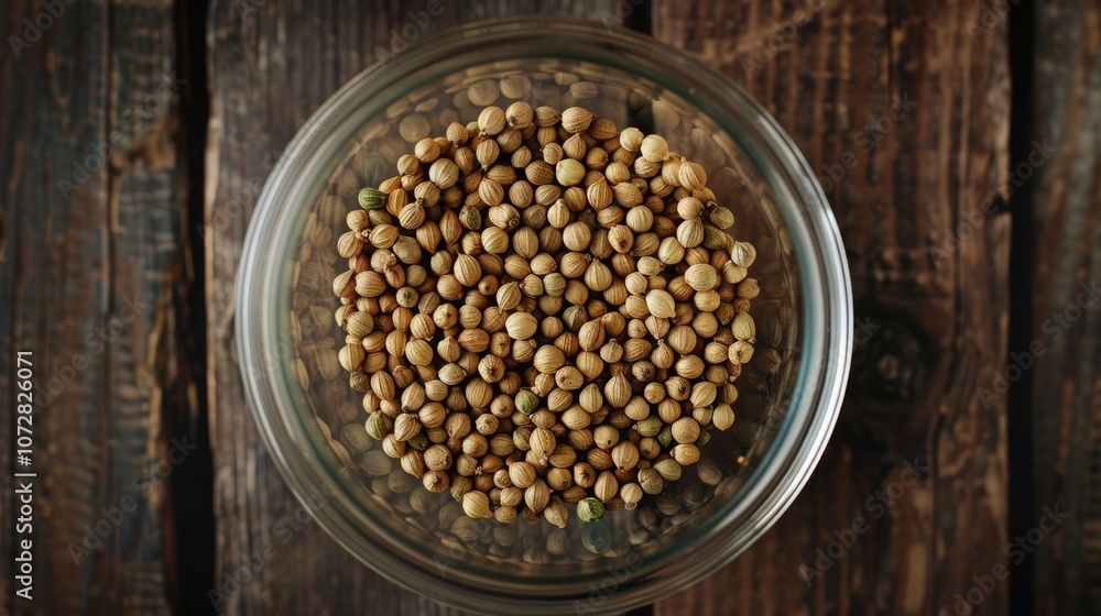 A glass bowl filled with coriander seeds sits on a rustic wooden surface. A glass bowl filled with coriander seeds sits on a rustic wooden surface.