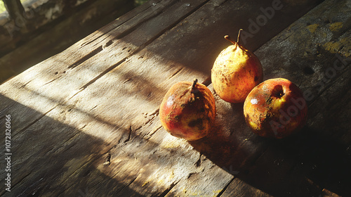 Rotting fruit spoiled on wooden table, warm light casting shadows, 8k, hyper realistic, real life based. - photo