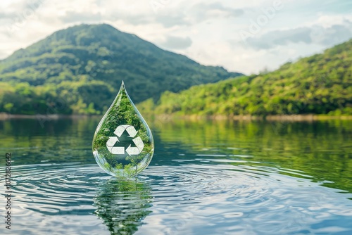 Transparent water droplet with a recycling symbol reflects nature's beauty in a serene landscape, emphasizing sustainability and eco-friendly concepts in environmental conservation.