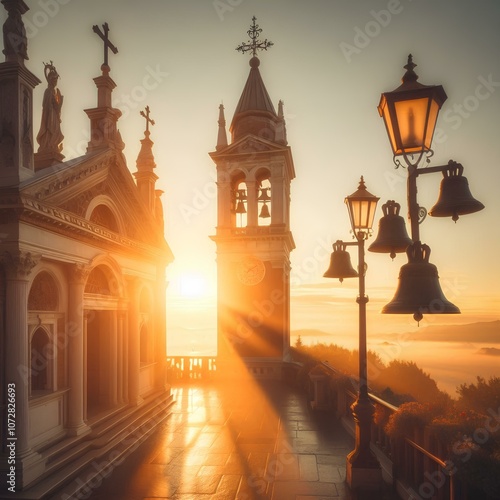 Church bells ringing at sunrise, signaling the start of a Sunday morning service. photo