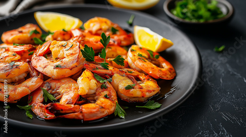 Grilled shrimp garnished with fresh parsley and lemon wedges on black plate, showcasing gourmet seafood dish that is both vibrant and appetizing