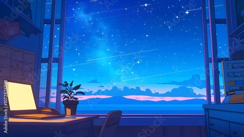 animation loop. open window with clear night sky and sea, shooting star