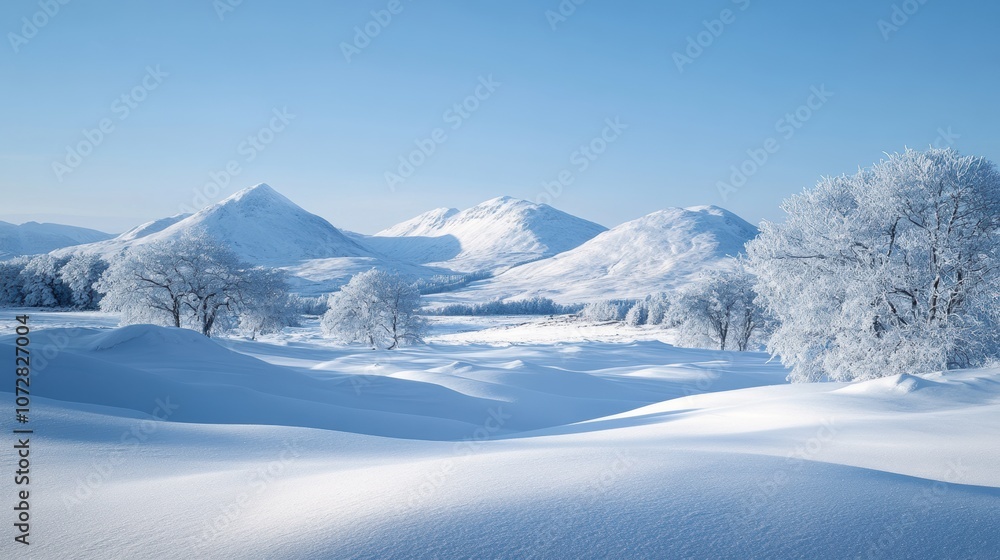 Obraz premium Winter landscape of snow-covered mountains under a clear sky, style landscape