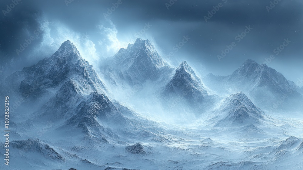 Majestic snow-covered mountains shrouded in mist and clouds. Majestic snow-covered mountains shrouded in mist and clouds.
