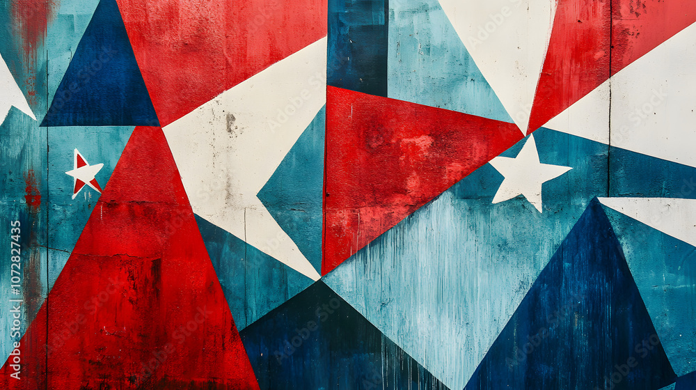 Fototapeta premium Abstract red and blue geometric shapes with white star motifs and artistic design.