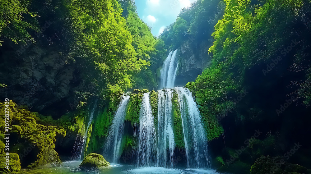 Spectacular natural scene of waterfall cascading down cliffs, lush green surroundings, 8k, hyper realistic, real life based. Spectacular natural scene of waterfall cascading down cliffs, lush green surroundings, 8k, hyper realistic, real life based.