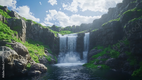 Spectacular natural scene of waterfall cascading down cliffs, lush green surroundings, 8k, hyper realistic, real life based. 