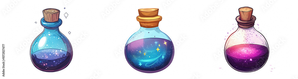 Magical Potions in Glass Bottles with Cork Stoppers, Sparkling Liquids and Mystical Elements for Fantasy, Alchemy, and Creative Designs Magical Potions in Glass Bottles with Cork Stoppers, Sparkling Liquids and Mystical Elements for Fantasy, Alchemy, and Creative Designs