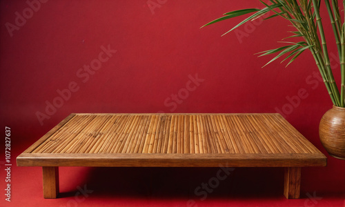 Empty wooden table with bamboo place mat over red background. Chinese New Year mock up for design and product display. photo