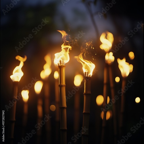 Row of bamboo Torches flaming at night