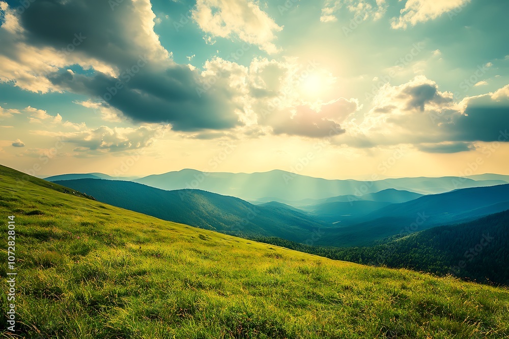 Fototapeta premium Majestic sunset in the mountains landscape. Dramatic sky. Carpathian, Ukraine, Europe. Beauty world.