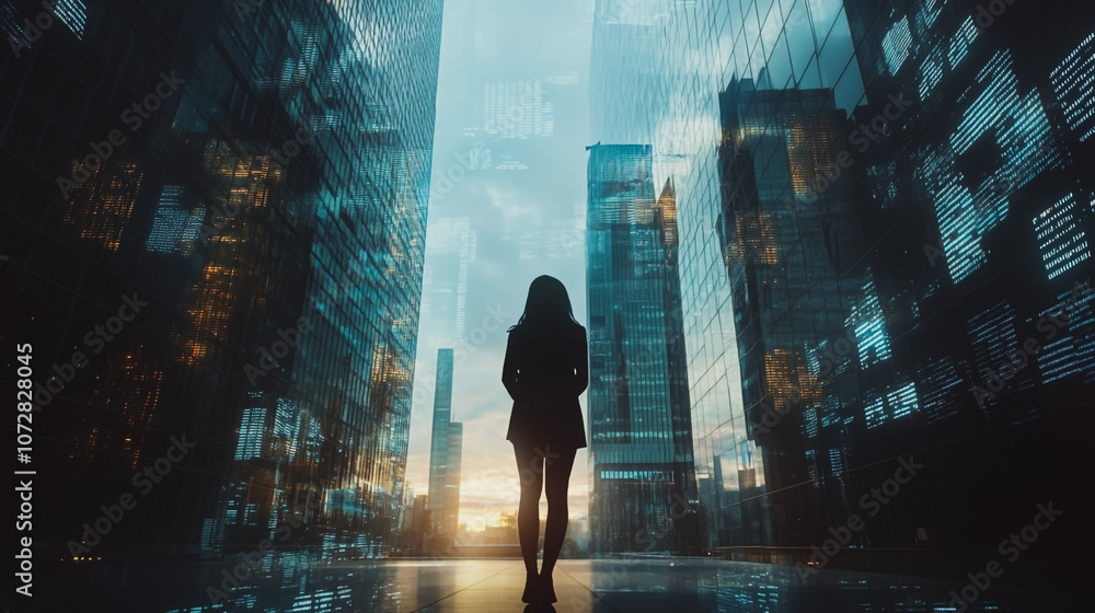 Fototapeta premium Abstract business woman stands on the peak of success amid tall, innovative Smart city and graphs with statistics to analyze business potential and predict future developments in company growth.