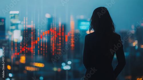 Abstract business woman stands on the peak of success amid tall, innovative Smart city and graphs with statistics to analyze business potential and predict future developments in company growth.