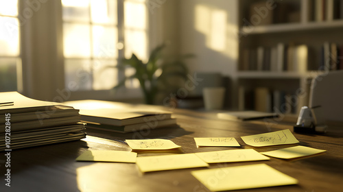 Sticky note reminder on office desk, early morning light, organized chaos, 8k, hyper realistic, real life based. 