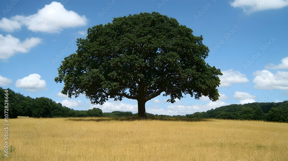 Obraz premium A single, large oak tree stands tall in a field of dry grass, with a blue sky and white clouds overhead.