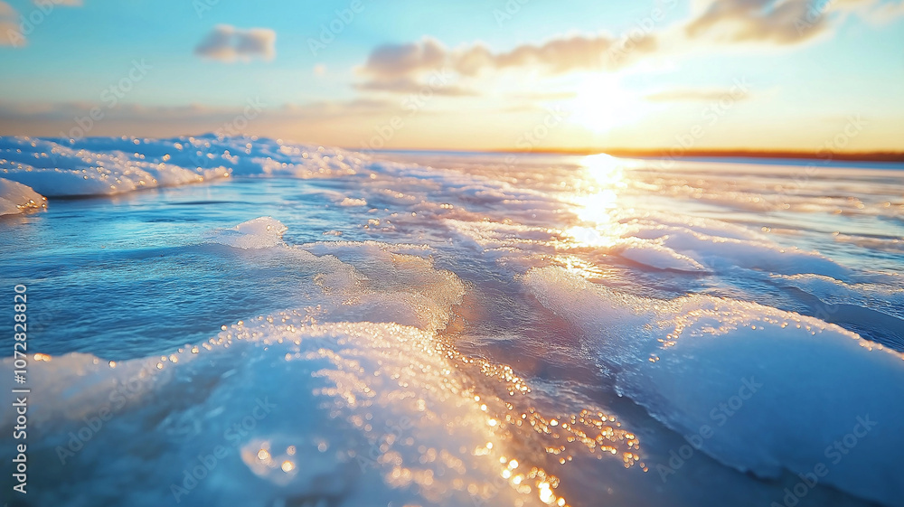 serene sunset over frozen lake, with ice formations reflecting warm light serene sunset over frozen lake, with ice formations reflecting warm light