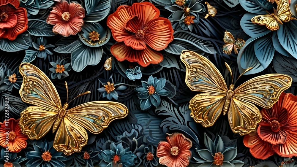 Fototapeta premium Vibrant Red and Black Flower Pattern with Butterflies in Orange, Black, and Gold on a Bold Dark Blue Background for Elegant Textiles.