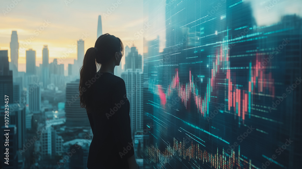 Abstract business woman stands on the peak of success amid tall, innovative Smart city and graphs with statistics to analyze business potential and predict future developments in company growth. Abstract business woman stands on the peak of success amid tall, innovative Smart city and graphs with statistics to analyze business potential and predict future developments in company growth.