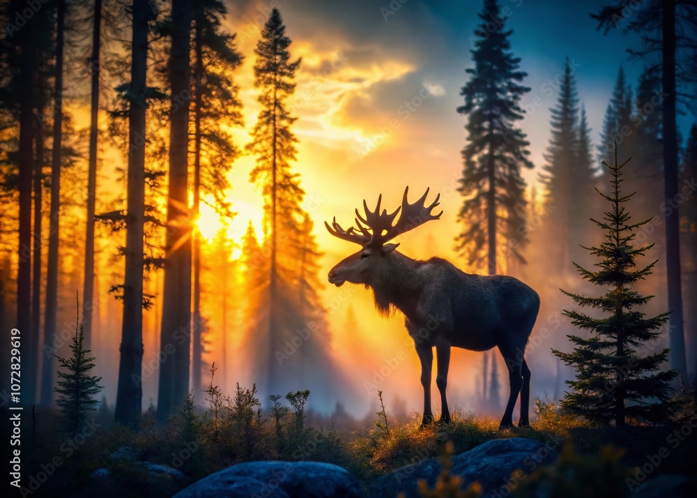 Silhouette of a Moose in a Serene Forest at Dusk, Capturing the Essence of Wildlife and Nature - Artistic Illustration of Moose Among Tall Trees in a Tranquil Setting Silhouette of a Moose in a Serene Forest at Dusk, Capturing the Essence of Wildlife and Nature - Artistic Illustration of Moose Among Tall Trees in a Tranquil Setting