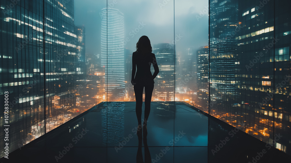 Abstract business woman stands on the peak of success amid tall, innovative Smart city and graphs with statistics to analyze business potential and predict future developments in company growth. Abstract business woman stands on the peak of success amid tall, innovative Smart city and graphs with statistics to analyze business potential and predict future developments in company growth.