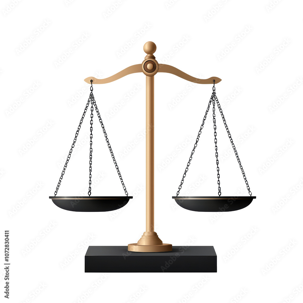 balanced scale symbolizing justice and fairness, featuring gold frame and black pans, representing equality and law balanced scale symbolizing justice and fairness, featuring gold frame and black pans, representing equality and law