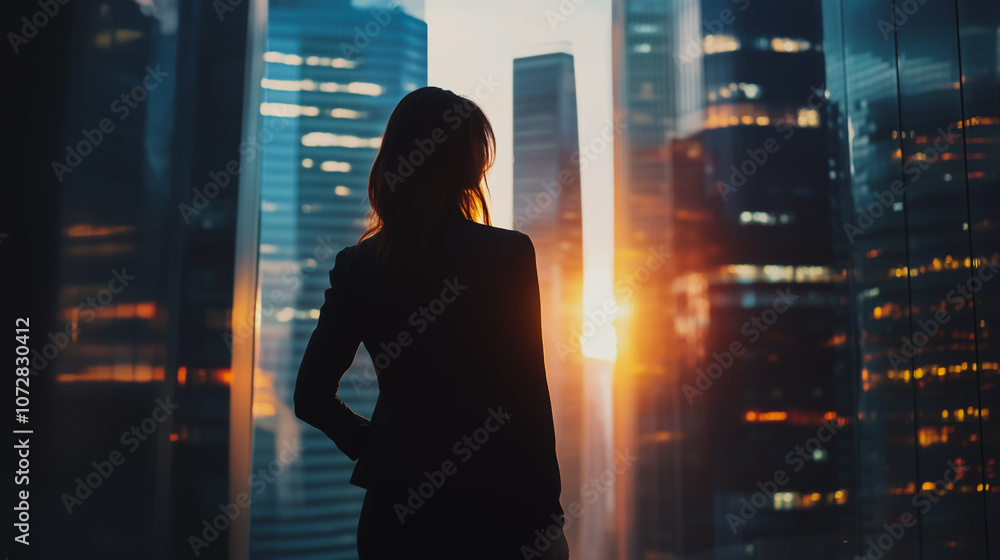 Abstract business woman stands on the peak of success amid tall, innovative Smart city and graphs with statistics to analyze business potential and predict future developments in company growth. Abstract business woman stands on the peak of success amid tall, innovative Smart city and graphs with statistics to analyze business potential and predict future developments in company growth.