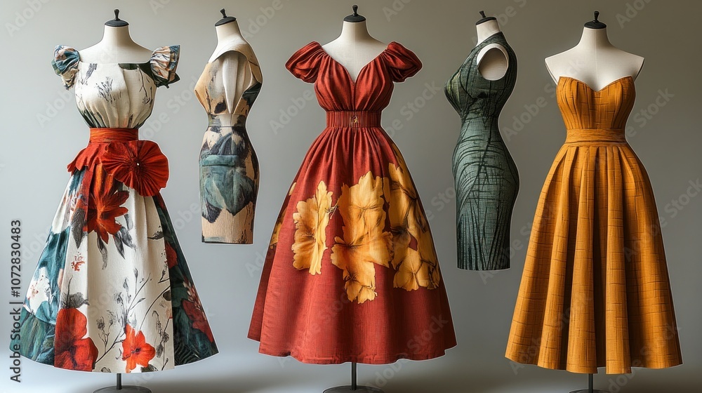 A collection of elegant dresses displayed on mannequins. A collection of elegant dresses displayed on mannequins.