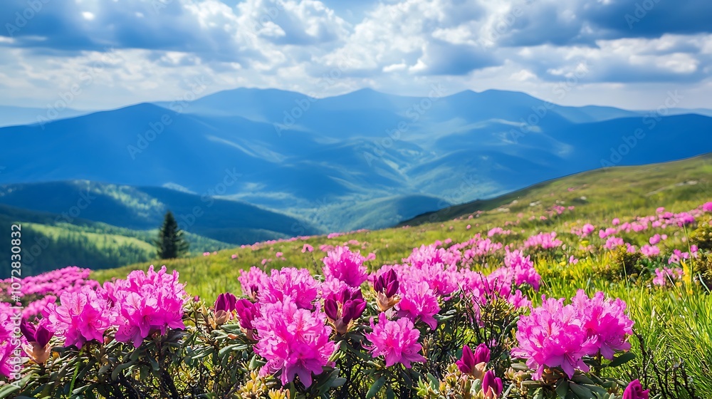 Pink rhododendron flowers in the Carpathian mountains