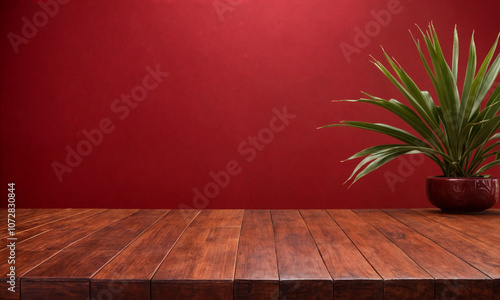 Empty wooden table with bamboo place mat over red background. Chinese New Year mock up for design and product display. photo